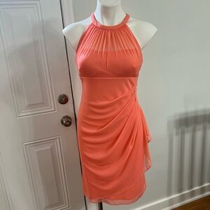 David's Bridal coral Asymmetrical Sheath wedding formal bridesmaid Dress